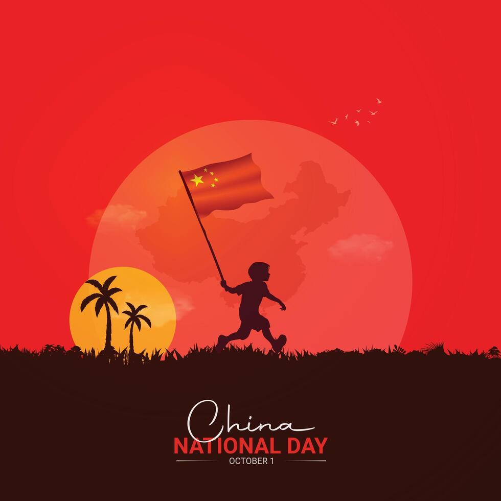 china national day creative ads design for socail media post, china flag holding vector