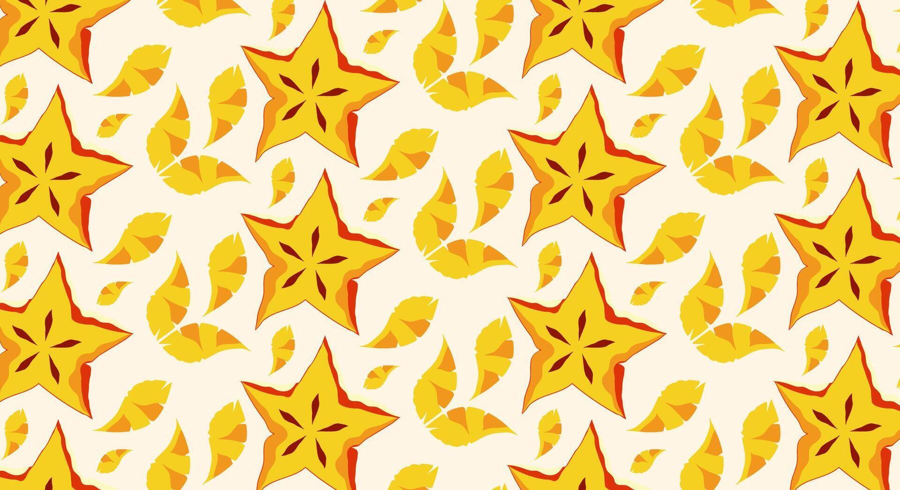 Exotic fruit carambola, starfruit branch with green foliage Seamless pattern. vector
