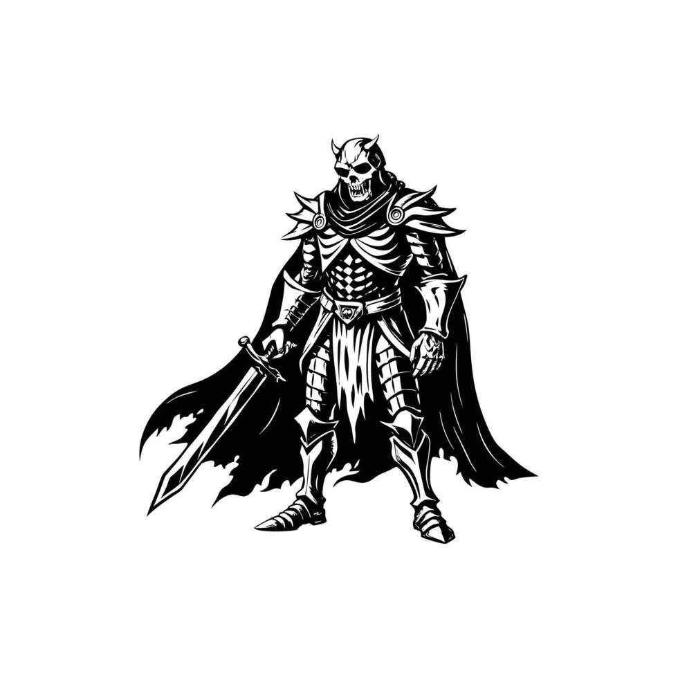 Skeleton Knight Illustration Black and White Cartoon vector