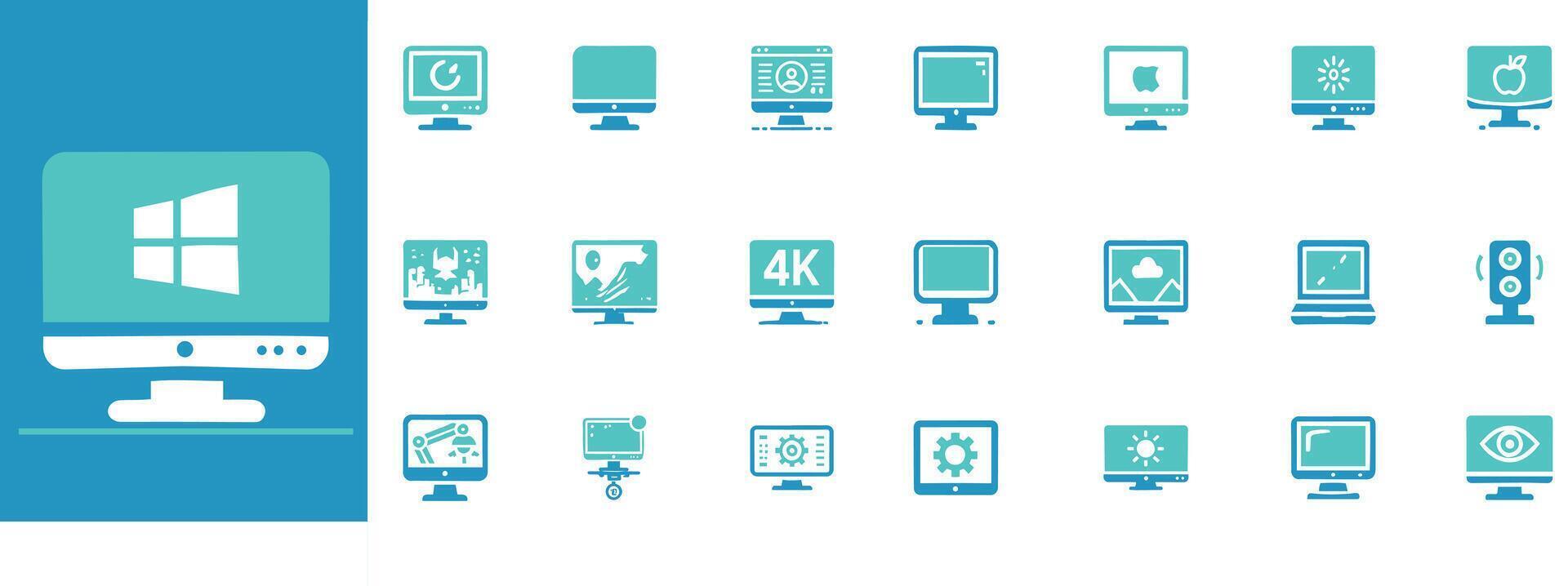 Monitor Icon Set 4K, Gaming, Curved, Touchscreen, Portable, LCD, Calibration Editable and Modern Graphics vector