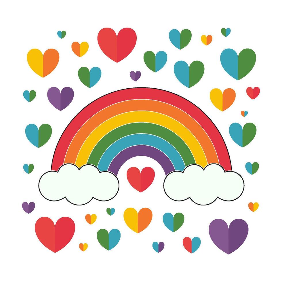 A rainbow with hearts surrounding it. The rainbow is colorful and the hearts are in various colors. Concept of happiness and love vector