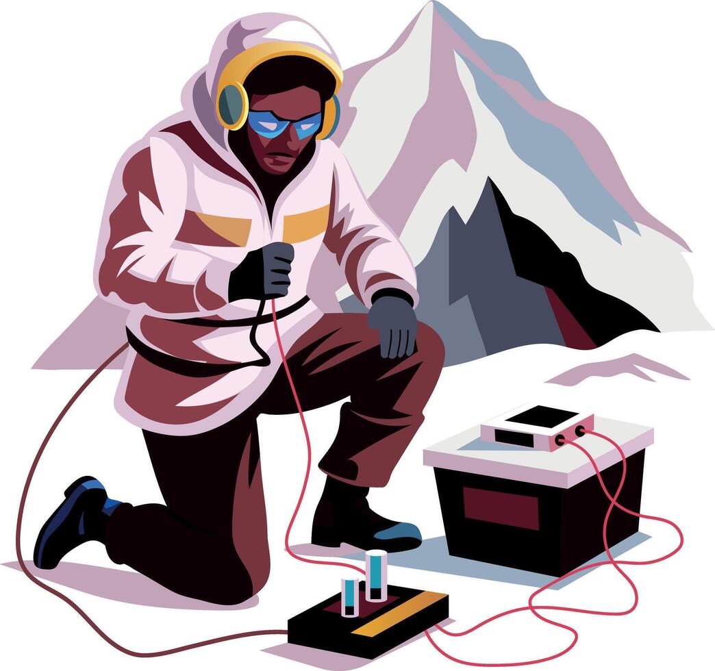 A flat illustration of a climate scientist researching on a snowy mountain vector
