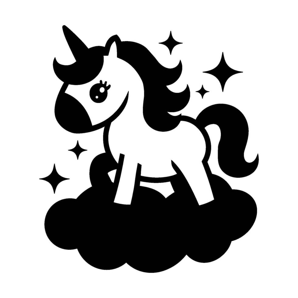 A unicorn with stars is standing on a cloud, simple black illustration vector