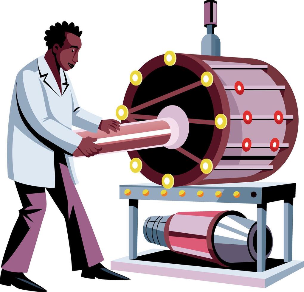 A flat illustration of a particle physicist doing experiment in a rotating machine vector