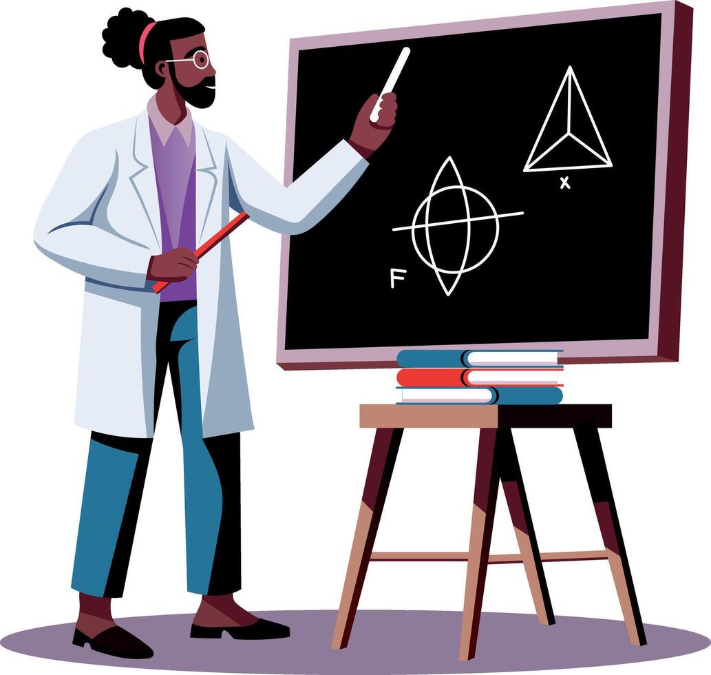 A flat illustration of mathematician doing calculation on a black board vector