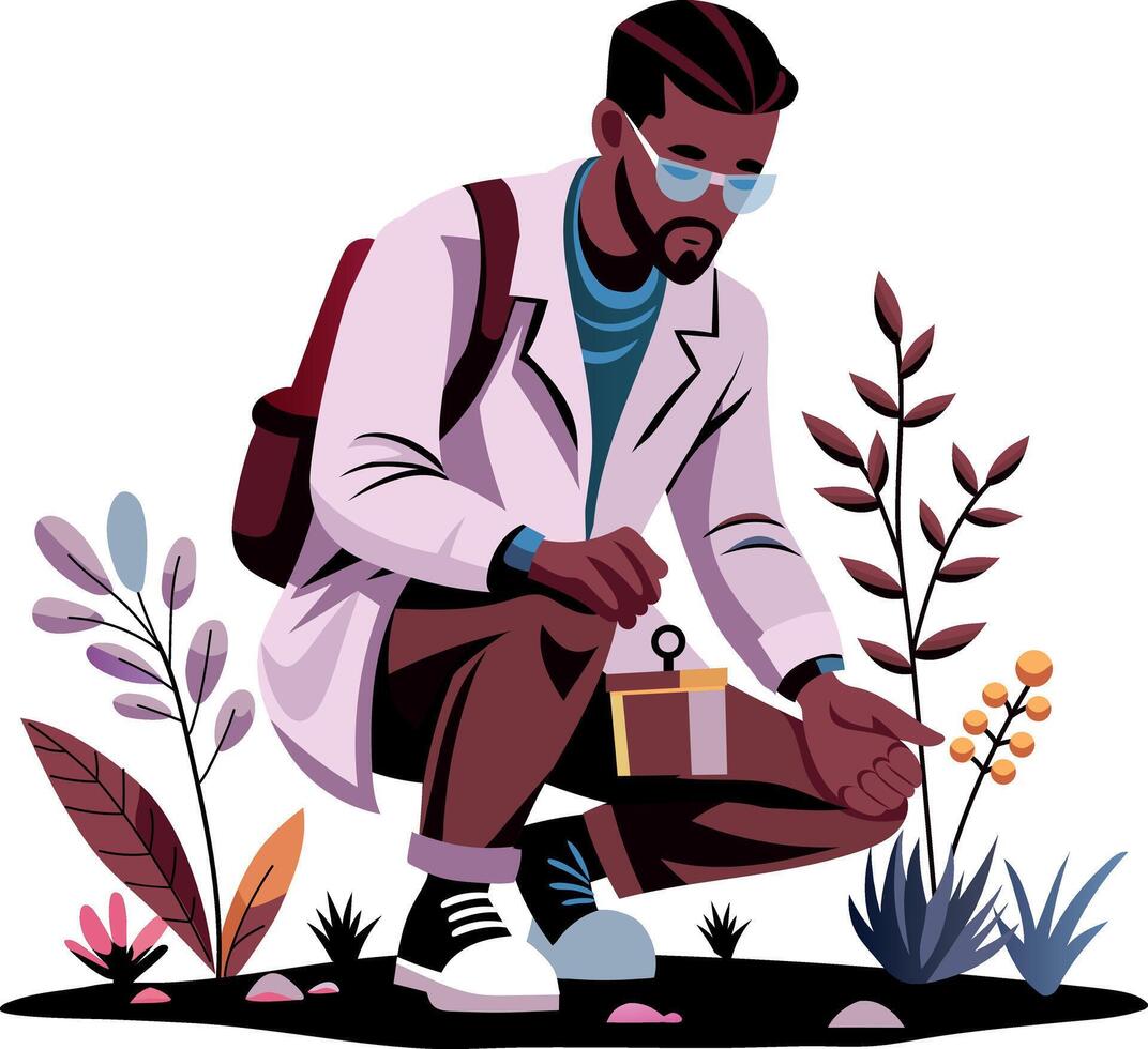 A flat illustration of a botanist checking plants vector