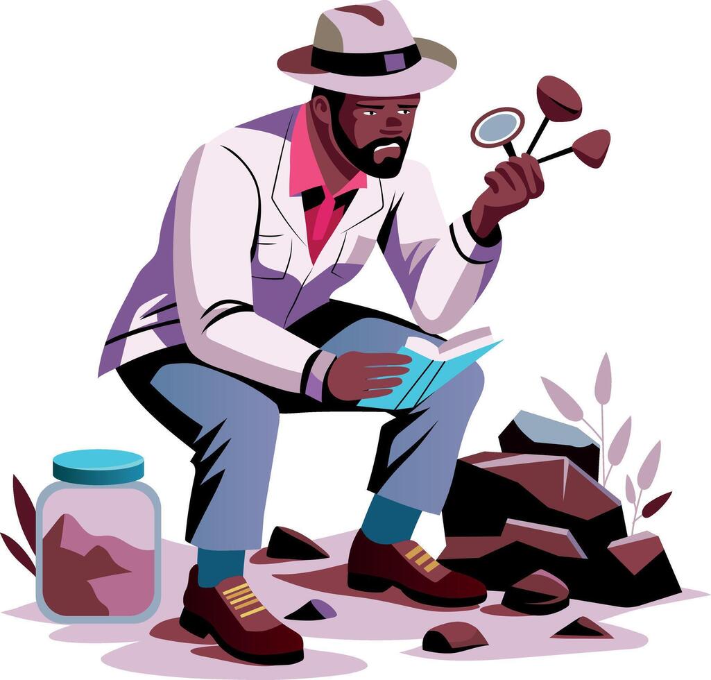 A flat style illustration of professional geologist taking sample of soil vector