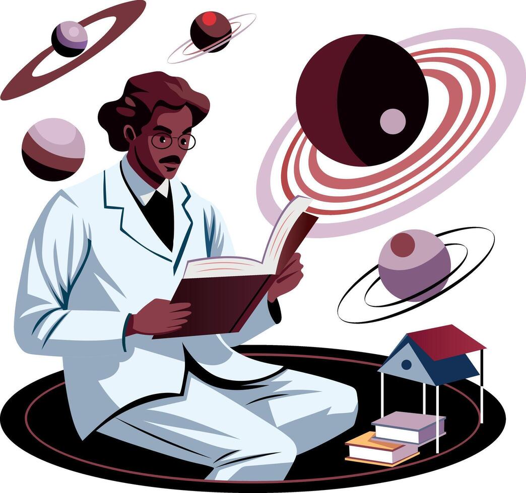Astrophysicist learning a space book illustration in flat style vector