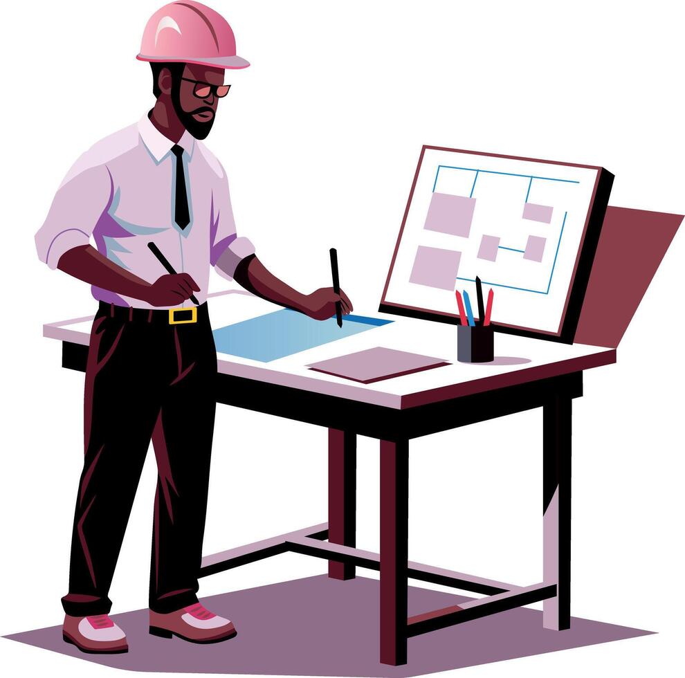 A flat illustration of an engineer draw a map on system vector