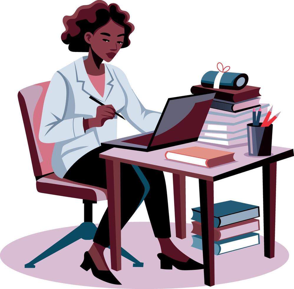 Scientist working on a laptop, flat style illustration vector