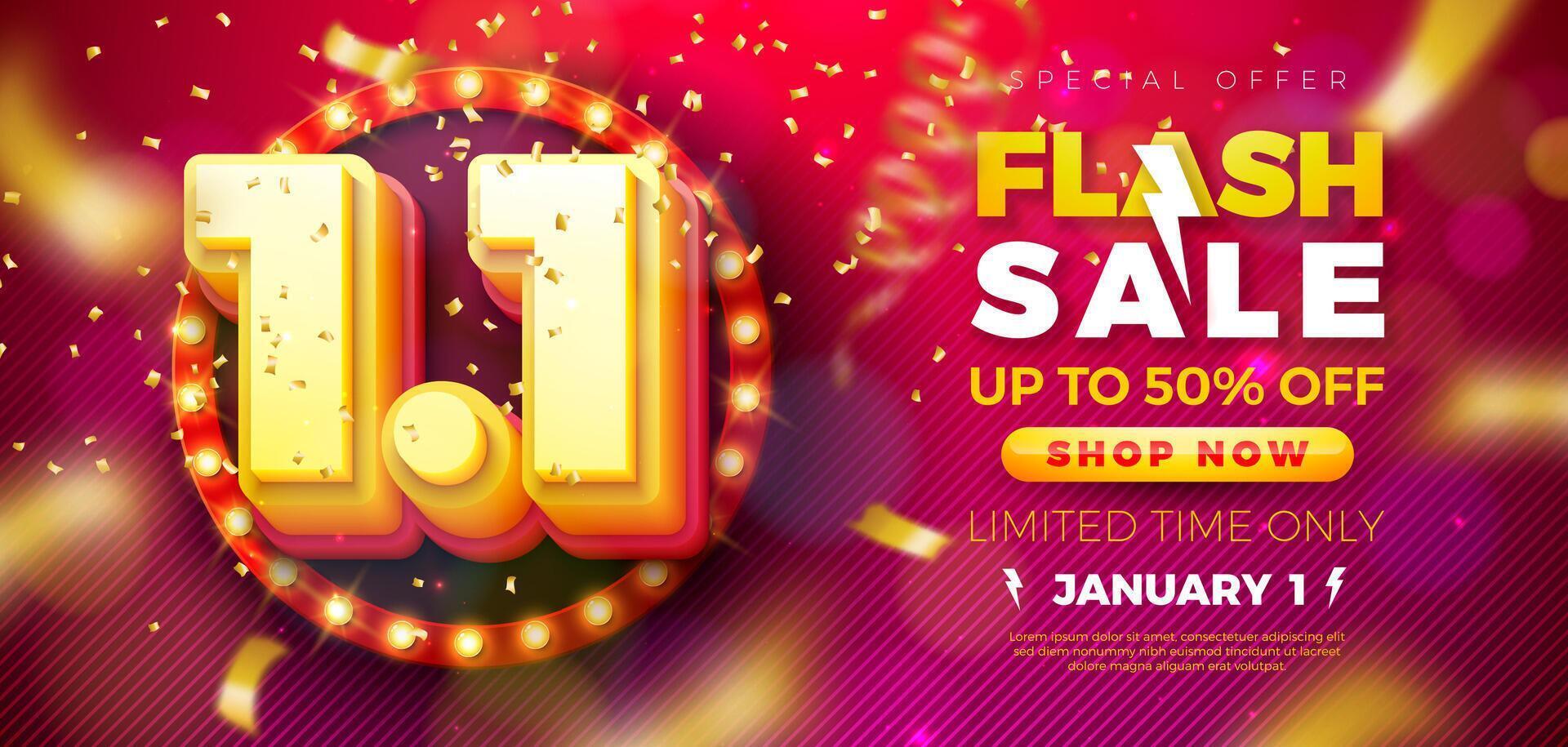 1 January Shopping Day Flash Sale Design with 3d 1.1 Number and Light Bulb Billboard on Red Background. Special Offer 50 Percent Off Campaign Discount Illustration for Coupon, Voucher, Banner vector