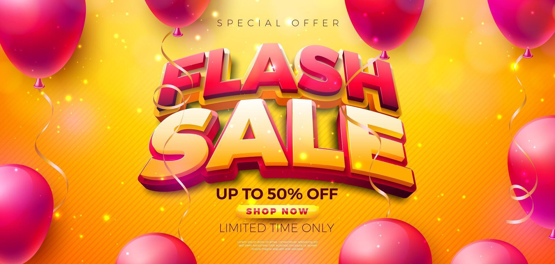 Flash Sale Shopping Day Banner Design with 3d Lettering and Party Balloon on Yellow Background. Special Offer Campaign Illustration with Typography for Coupon, Voucher, Banner, Flyer vector