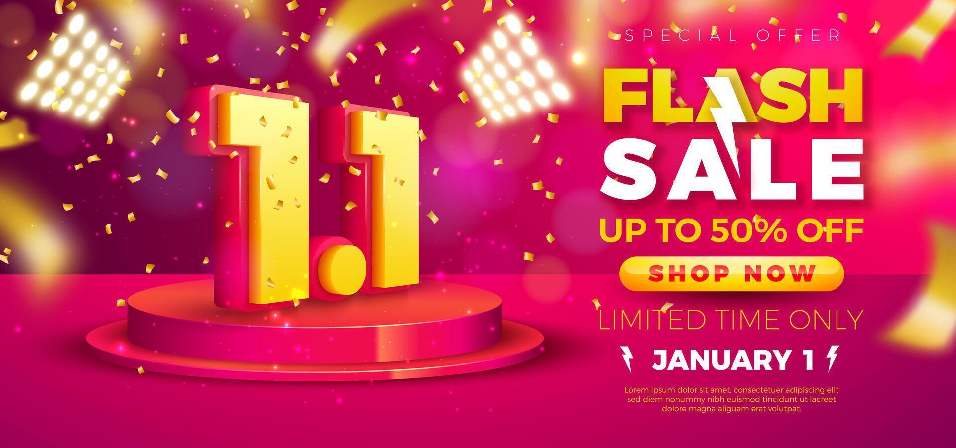 1 January Shopping Day Flash Sale Design with 3d 1.1 Number, Light Bulb Billboard and Stage Podium on Red Background. Special Offer 50 Percent Off Campaign Discount Illustration for Coupon vector