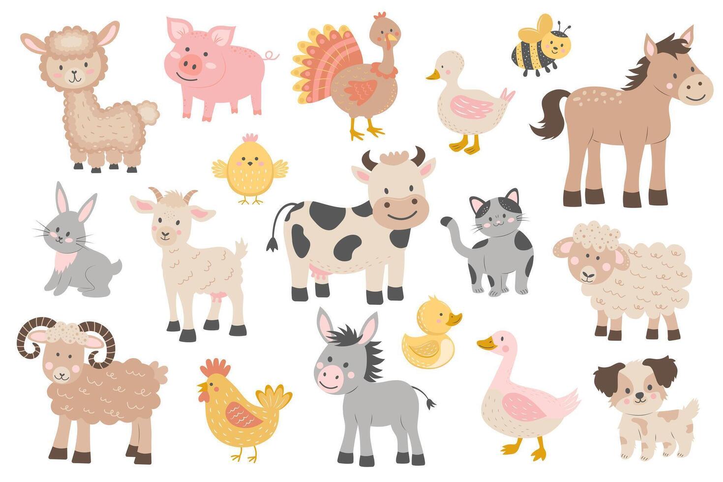 Cute farm animals set. Big set of cartoon farm animals and pets for kids. vector