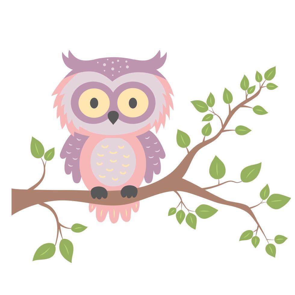 Cute owl sitting on tree branch. Forest animal character isolated on white background. vector