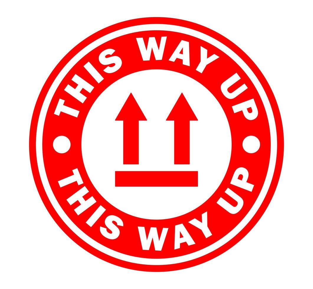 Red This way up round circle stamp sticker icon symbol set. Handle with care logo sign. Fragile , Keep dry. illustration image. Isolated on white background. vector