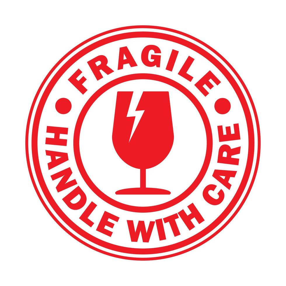 Fragile round circle stamp sticker icon symbol. Handle with care logo sign. Keep dry, This way up. illustration image. Isolated on white background. vector