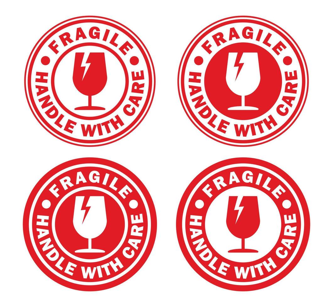 Fragile round circle stamp sticker icon symbol set. Handle with care logo sign. Keep dry, This way up. illustration image. Isolated on white background. vector