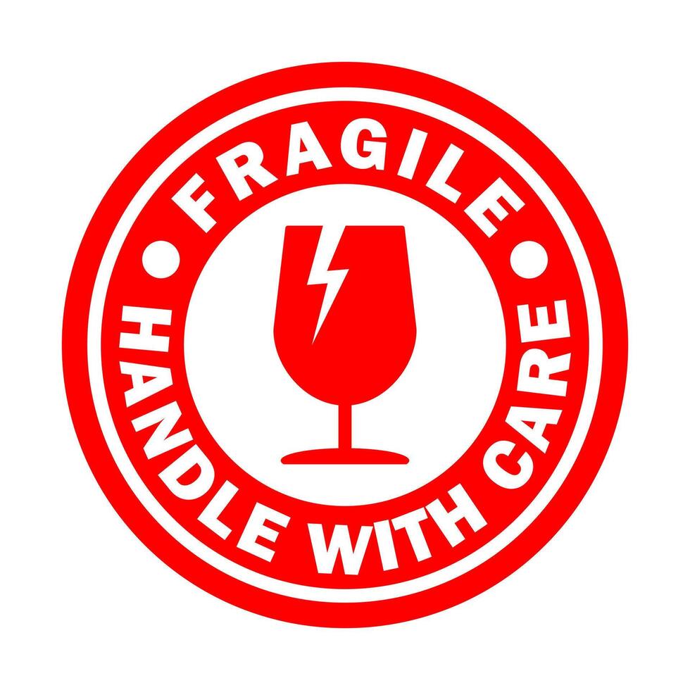 Red ink Fragile round circle stamp sticker icon symbol. Handle with care logo sign. Keep dry, This way up. illustration image. Isolated on white background. vector