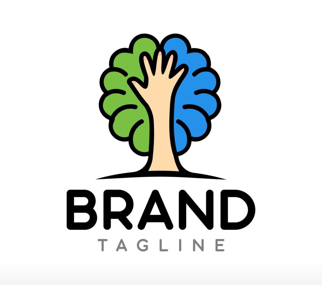 Human Care Brain Tree Logo Design with hand Icon Symbol Illustration this brand identity logo design can use social media website marketing agency many business company service ready to print vector