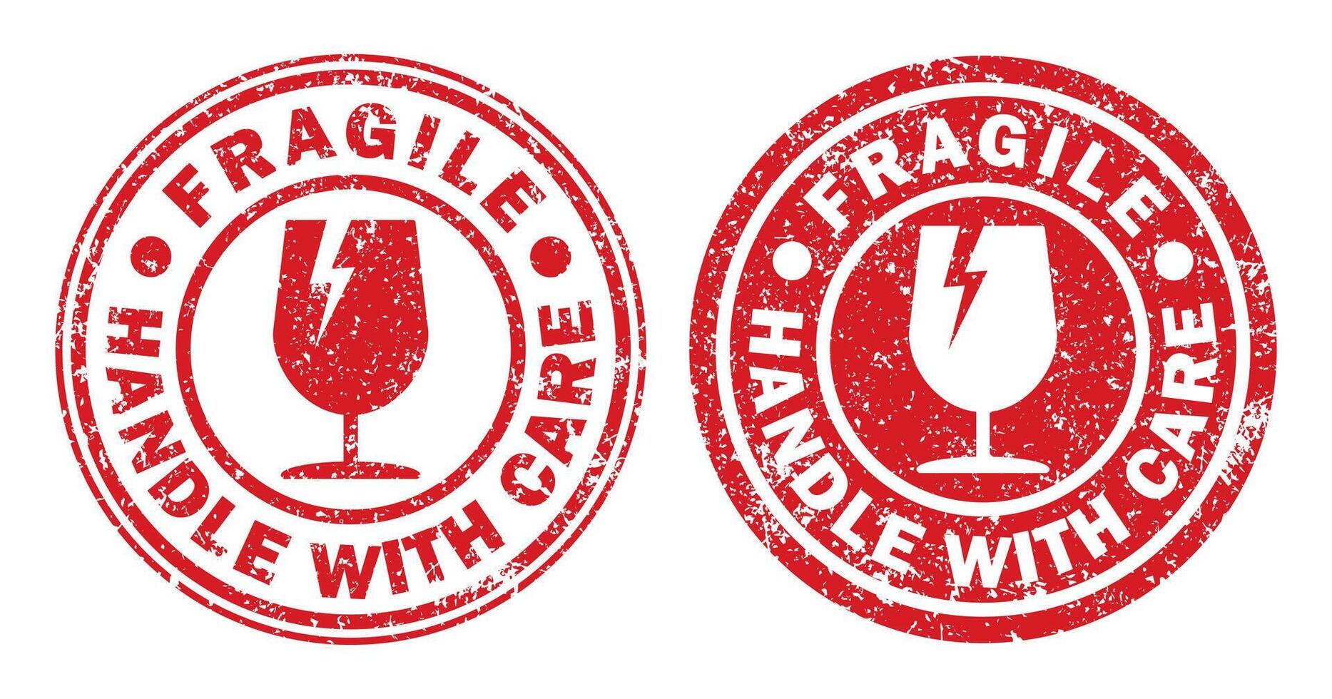 Fragile round circle grunge stamp sticker icon symbol. Handle with care logo sign. Keep dry, This way up. illustration image. Isolated on white background. vector