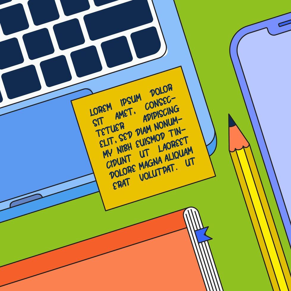 Workspace desk with Laptop Pencil Phone Book and Sticky Note illustration vector