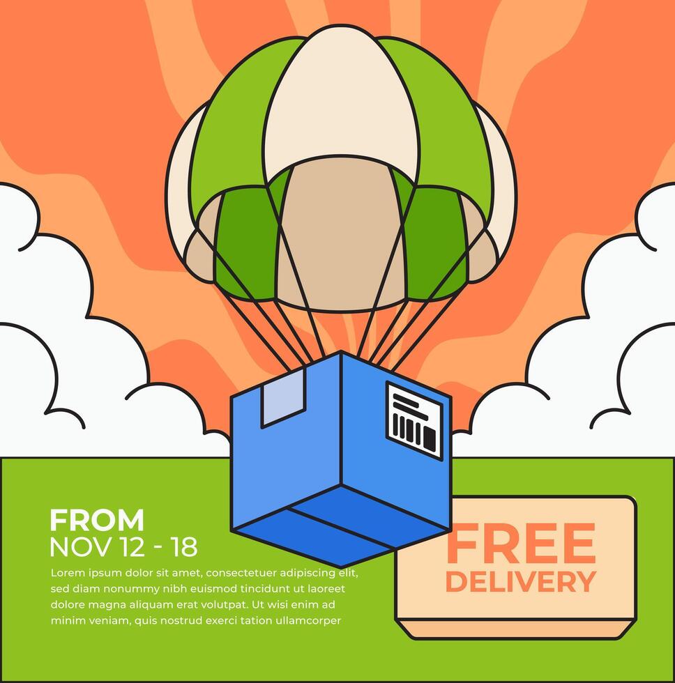 Free Delivery Promotion with Parachute Package banner cartoon illustreation vector