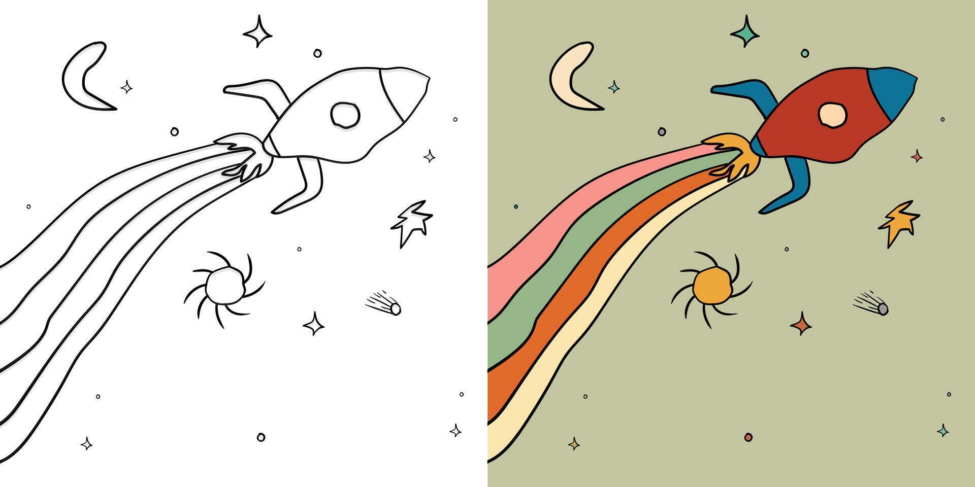Groovy cartoon retro style space rocket seamless pattern, coloring page 60s 70s 80s space galaxy universe illustration vector