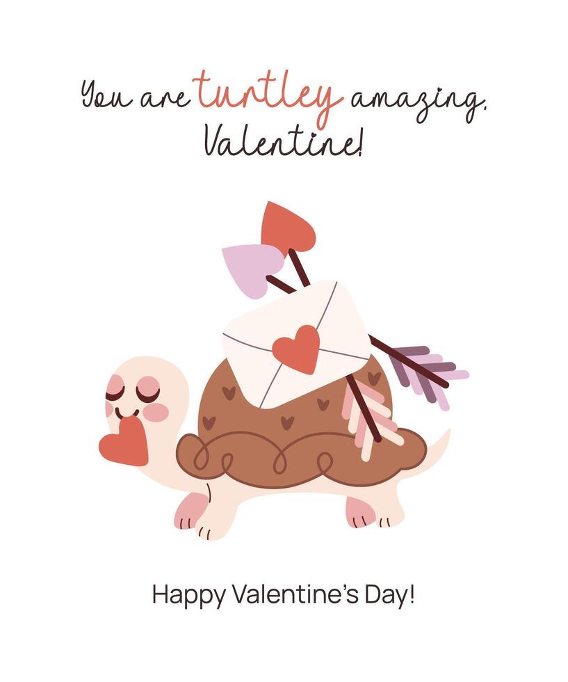 Valentines Day Greeting Card with Cute Turtle. vector