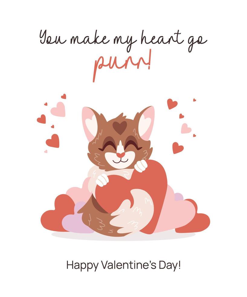 Valentines Day Greeting Card with Cute Kitten. vector
