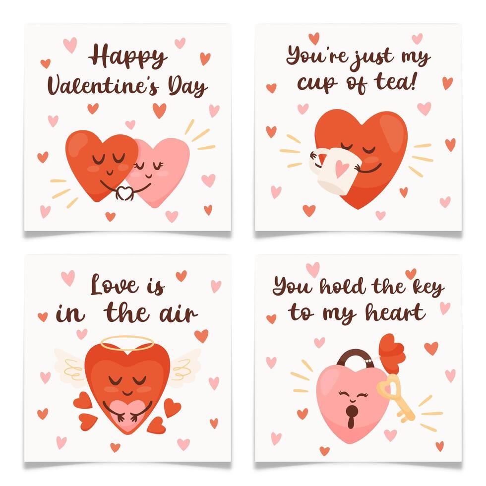 Hand Drawn Heart Characters Valentine Cards Set. vector