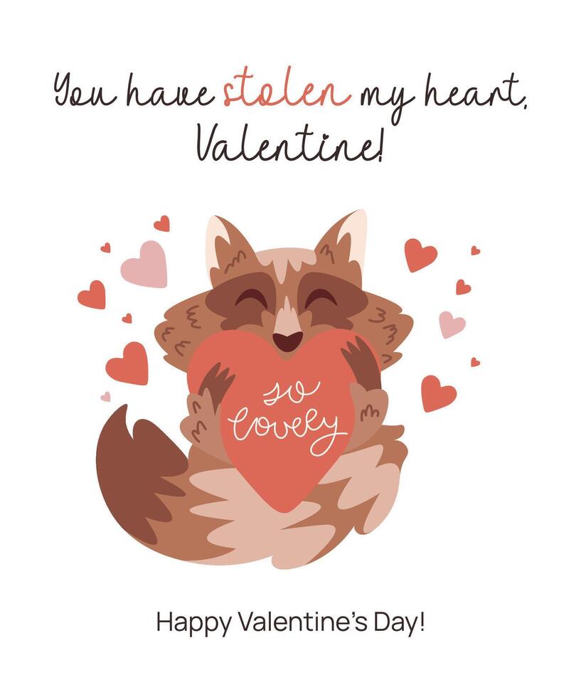 Valentines Day Greeting Card with Cute Raccoon. vector