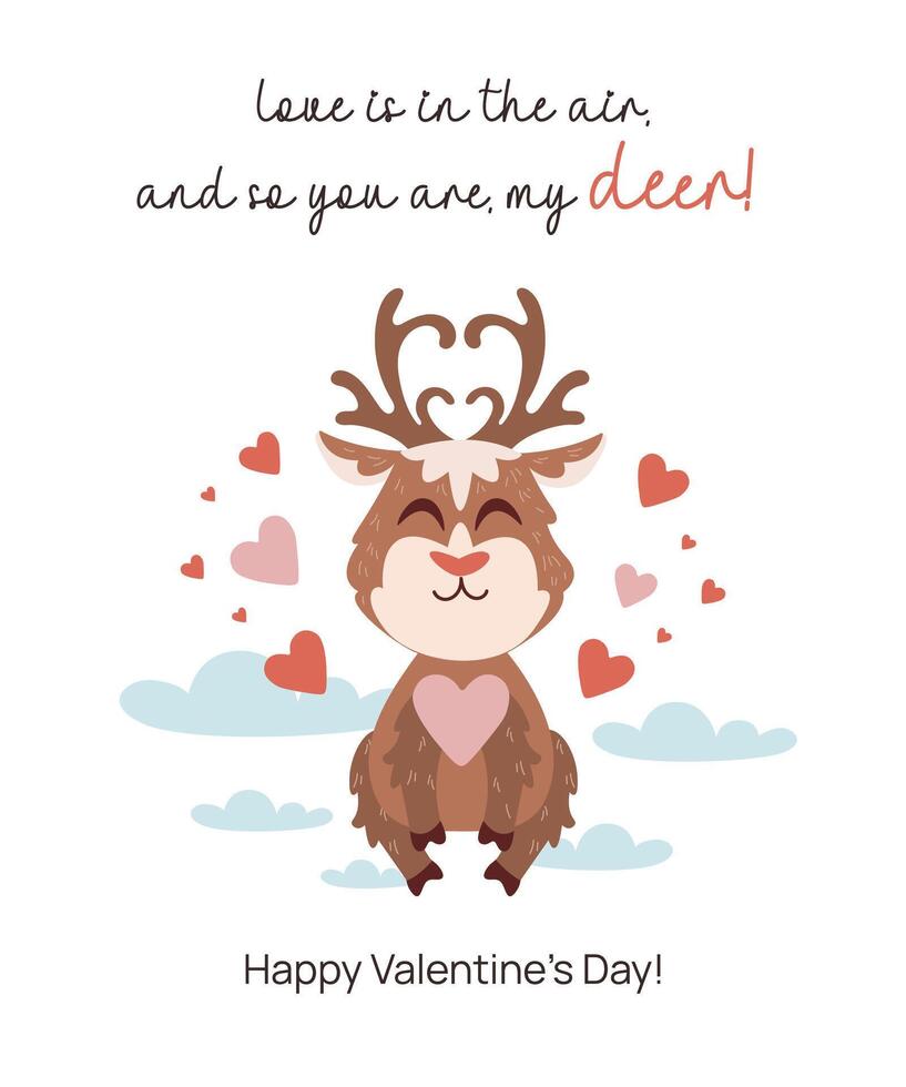 Valentines Day Greeting Card with Cute Reindeer. vector