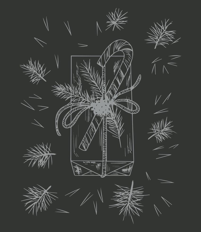 Easy sketch of gift box with Christmas tree branches and candy cane. New Year greeting card design vector