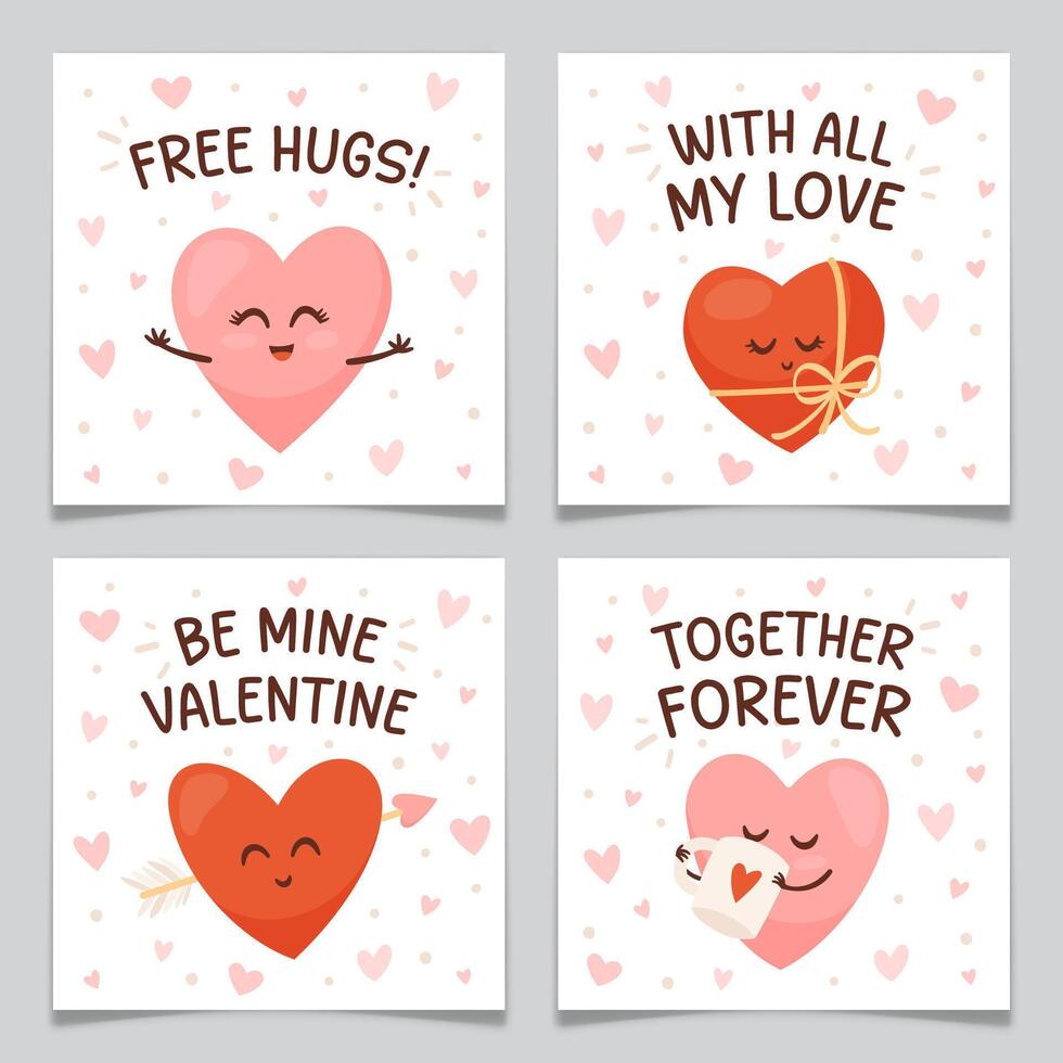Happy Heart Characters Valentines Card Design Set. vector