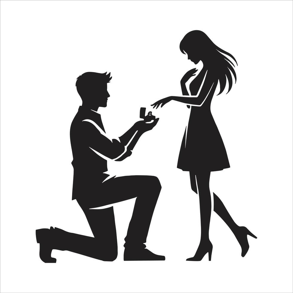 Happy Valentine's Day Silhouettes of Bride and Groom in Romantic Couple Proposal Poses vector