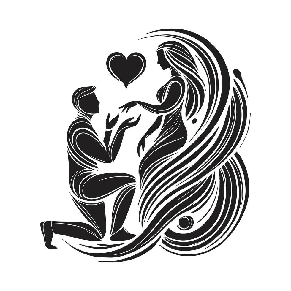 Valentine Week Bride and Groom Silhouettes Hugging in Romantic Wedding Proposal Poses vector