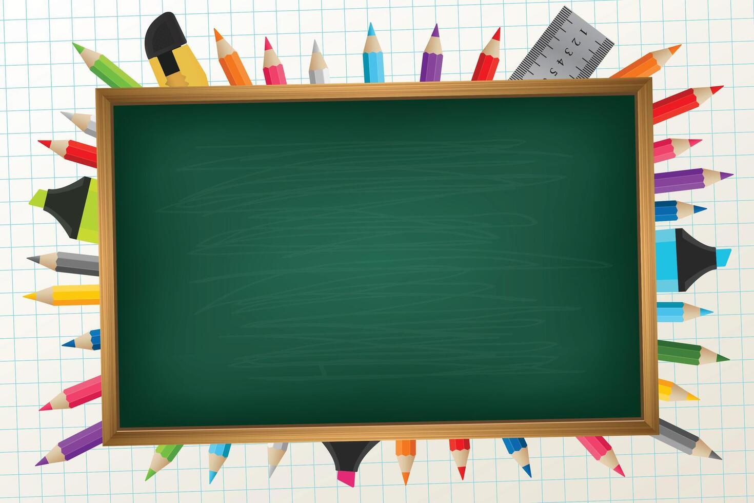 Back to school design with chalkboard element with pencil colors, ruler vector