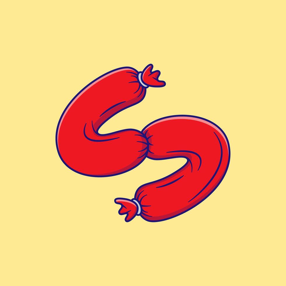 Curved Red Sausage Cartoon Illustration. Food Object Concept. Flat Cartoon Outline Style. vector
