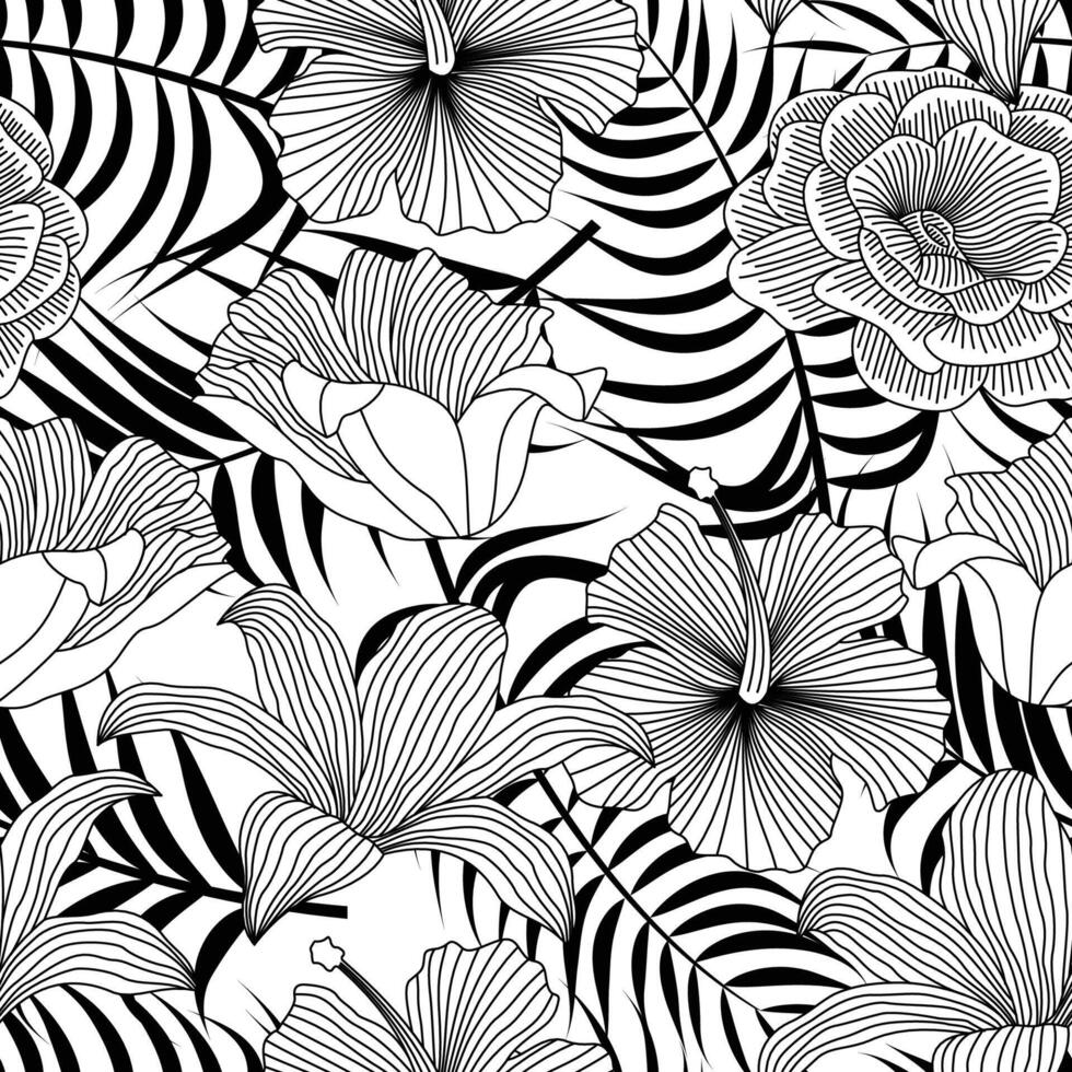 monochrome Floral seamless pattern with leaves. tropical background vector