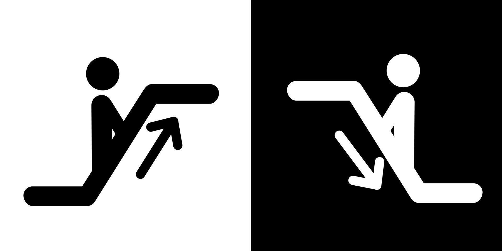 two black and white icons of a poeple up and down the escalator vector