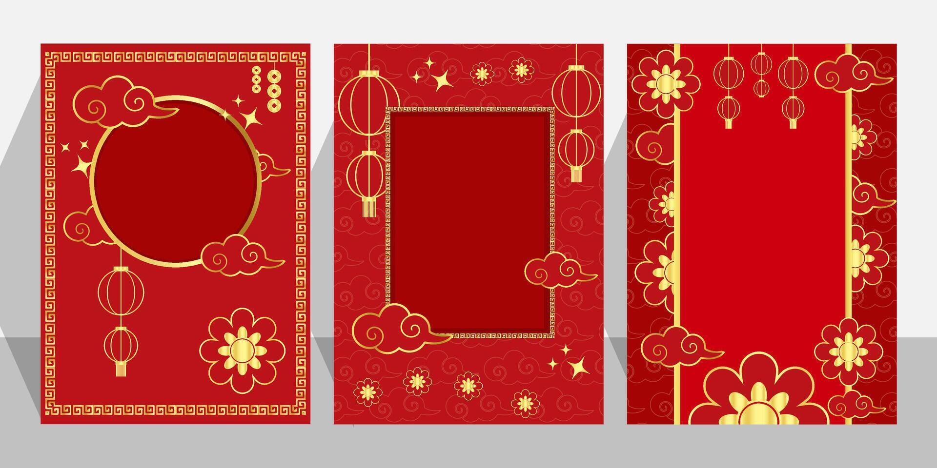 chinese new year banner or poster templates set with red and gold decorations and copy space vector