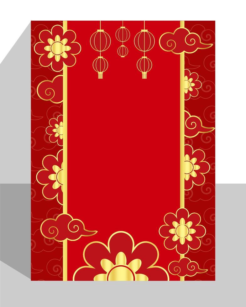 chinese new year greeting card with red and gold flowers and copy space vector