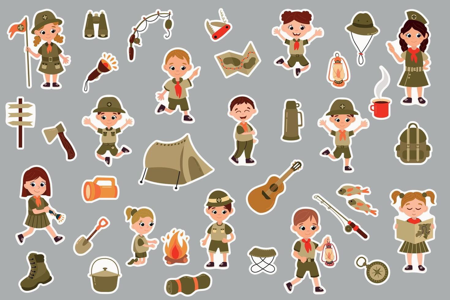 A set of stickers with scouts. Cheerful boy and girl scouts in different poses vector