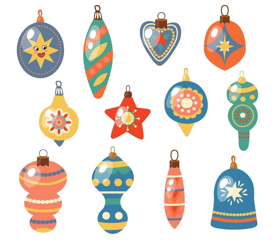 Set of New Year's tree decorations. Hand drawn style, white background, isolate vector