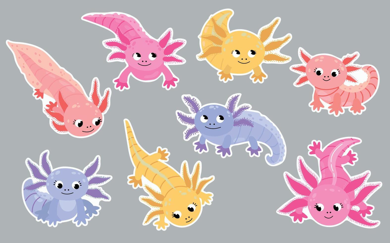 Axolotl sticker set. Cute hand drawn axolotls vector