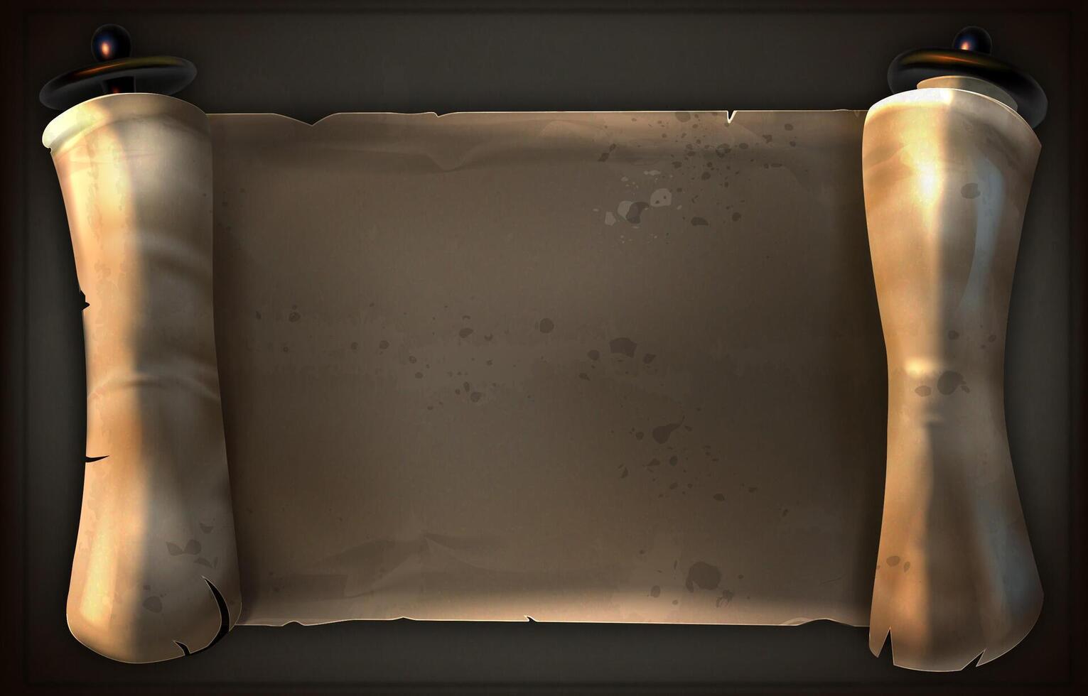 Ancient scroll of parchment paper on the black background. The scroll is old and worn, with a few holes in it. The paper is brown and has a slightly rough texture. Unfolded scroll for your design vector
