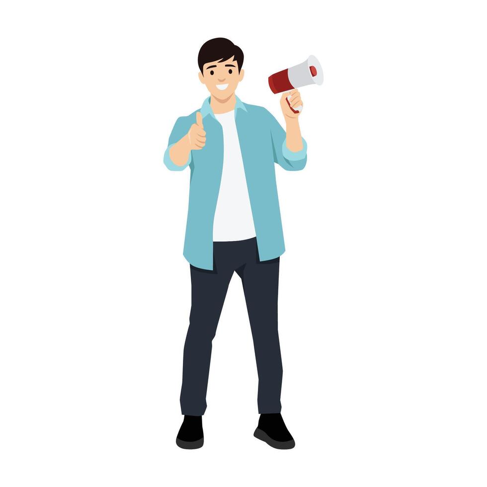 Young positive businessman standing and making announcement with speaker megaphone for attention. vector