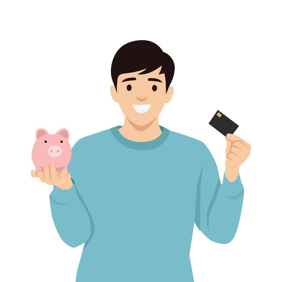 Young man holding credit card and piggy bank. vector