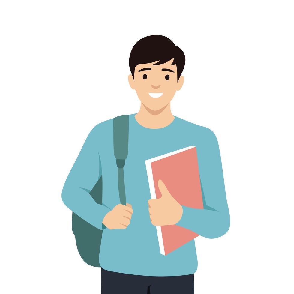 Young man college Student with Backpack and Books. vector